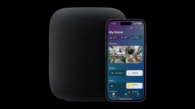 Apple HomePod med iPhone som viser Apple Home-hub